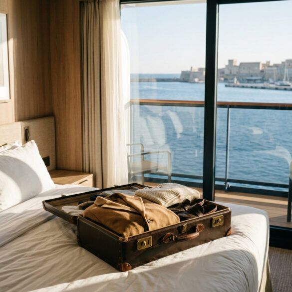 Maleta abierta sobre una cama elegante con prendas de invierno y vistas a un puerto mediterráneo en calma.