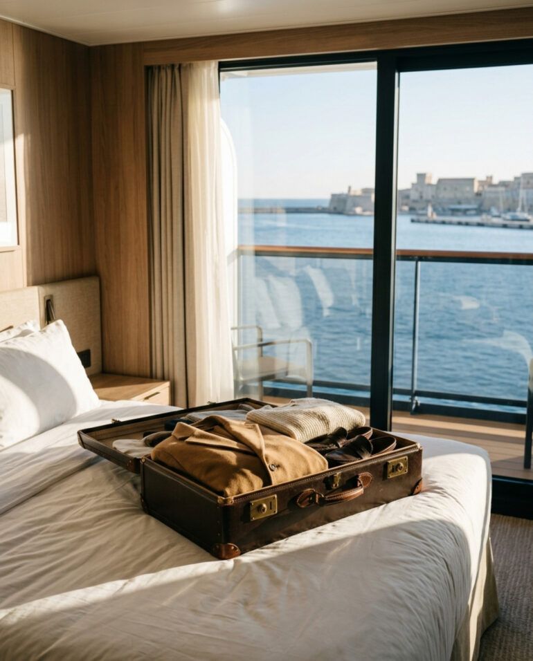 Maleta abierta sobre una cama elegante con prendas de invierno y vistas a un puerto mediterráneo en calma.
