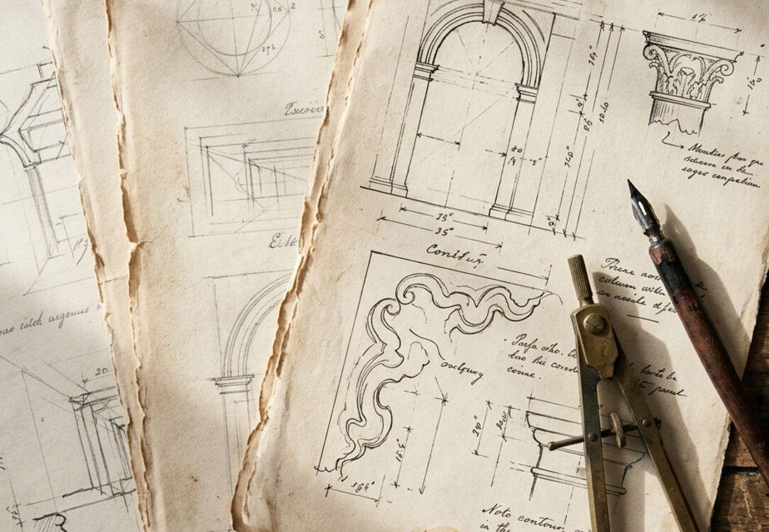 Primer plano cenital de bocetos arquitectónicos antiguos realizados a lápiz y tinta sobre papel texturizado.