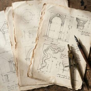 Primer plano cenital de bocetos arquitectónicos antiguos realizados a lápiz y tinta sobre papel texturizado.