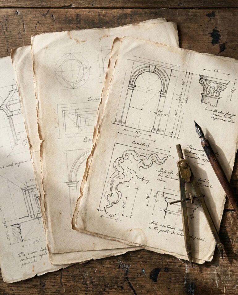 Primer plano cenital de bocetos arquitectónicos antiguos realizados a lápiz y tinta sobre papel texturizado.