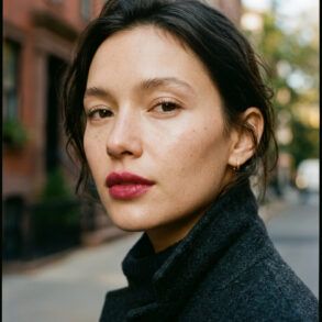 Maquillaje con efecto labios mordidos en tono cereza difuminado y piel luminosa de aspecto natural