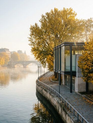 Vista otoñal del río Sena y la arquitectura vanguardista junto a las orillas de París