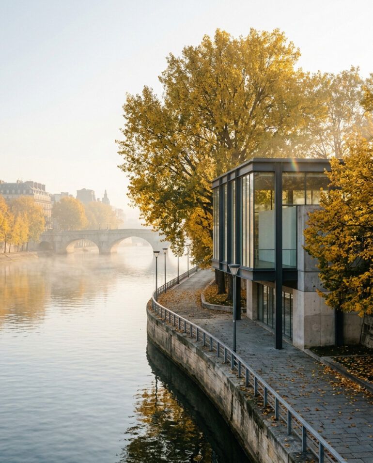 Vista otoñal del río Sena y la arquitectura vanguardista junto a las orillas de París
