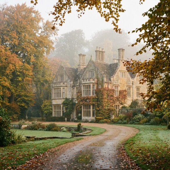 Elegante mansión señorial de piedra en la campiña inglesa en otoño con senderos de hojas doradas y niebla suave.