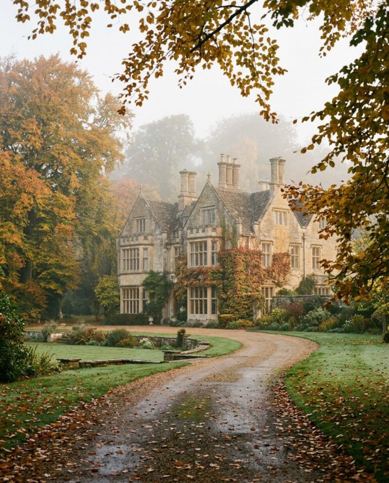 Elegante mansión señorial de piedra en la campiña inglesa en otoño con senderos de hojas doradas y niebla suave.