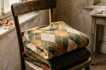Prendas de punto dobladas con estampado de rombos otoñal sobre una silla de madera con luz natural