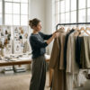 Estilista de moda organizando prendas y accesorios en un perchero de estudio editorial con luz natural.