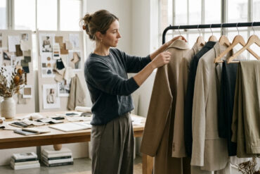 Estilista de moda organizando prendas y accesorios en un perchero de estudio editorial con luz natural.