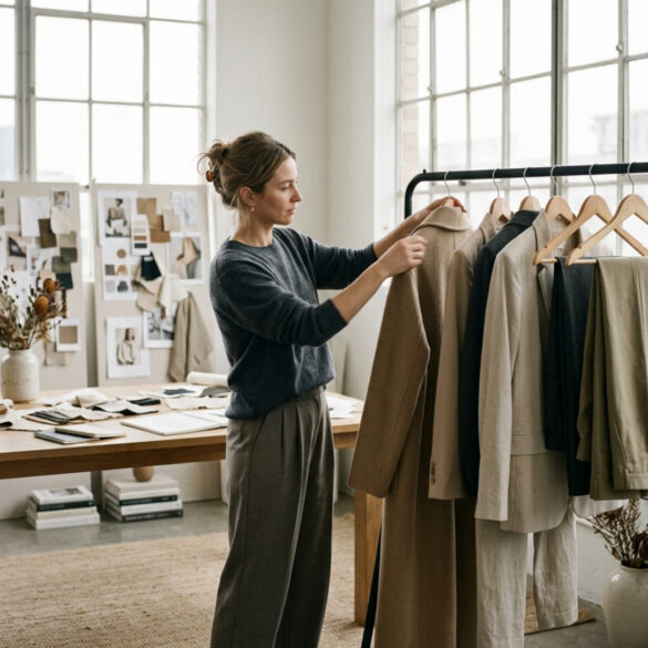 Estilista de moda organizando prendas y accesorios en un perchero de estudio editorial con luz natural.