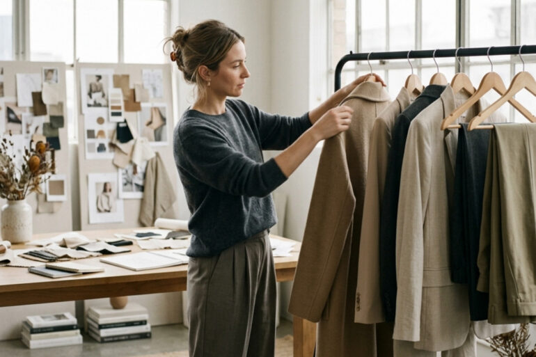 Estilista de moda organizando prendas y accesorios en un perchero de estudio editorial con luz natural.
