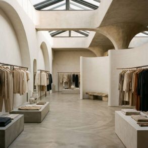 Interior contemporáneo y minimalista de una tienda de moda con percheros diáfanos y arquitectura elegante.