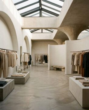 Interior contemporáneo y minimalista de una tienda de moda con percheros diáfanos y arquitectura elegante.