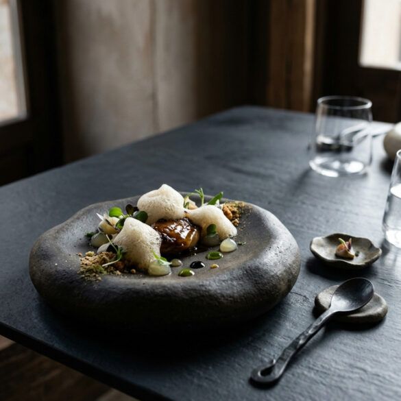 Mesa minimalista de alta gastronomía con vajilla vanguardista y estética editorial contemporánea con luz suave natural.