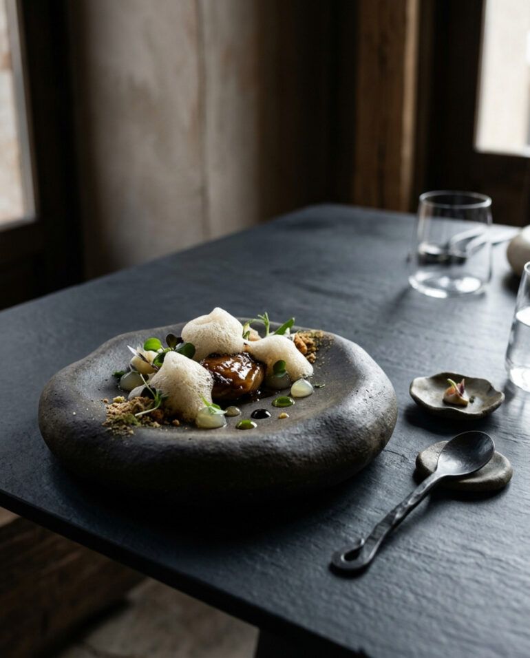Mesa minimalista de alta gastronomía con vajilla vanguardista y estética editorial contemporánea con luz suave natural.
