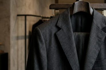 Detalle de sastrería masculina elegante con chaqueta de lana y percha de madera en boutique contemporánea