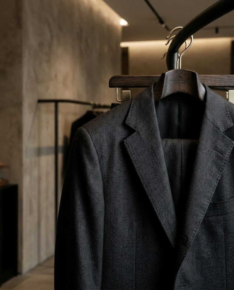 Detalle de sastrería masculina elegante con chaqueta de lana y percha de madera en boutique contemporánea