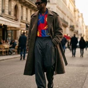 Detalle de camiseta de fútbol de estilo urbano combinada con pantalón de vestir en un look de street style.
