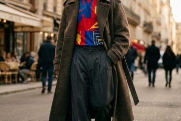 Detalle de camiseta de fútbol de estilo urbano combinada con pantalón de vestir en un look de street style.