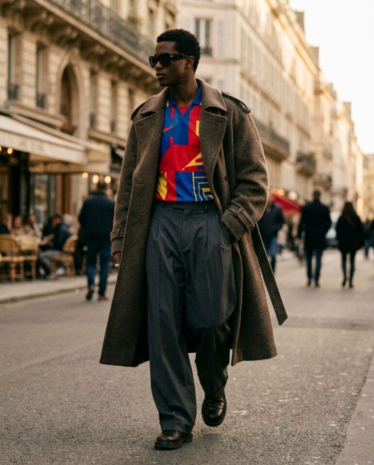 Detalle de camiseta de fútbol de estilo urbano combinada con pantalón de vestir en un look de street style.