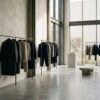 Escaparate minimalista de moda de lujo con iluminación tenue y prendas estructuradas en percheros de diseño.