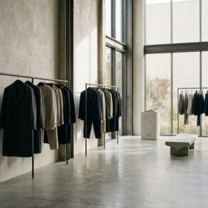 Escaparate minimalista de moda de lujo con iluminación tenue y prendas estructuradas en percheros de diseño.