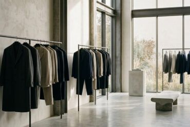 Escaparate minimalista de moda de lujo con iluminación tenue y prendas estructuradas en percheros de diseño.