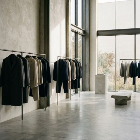 Escaparate minimalista de moda de lujo con iluminación tenue y prendas estructuradas en percheros de diseño.