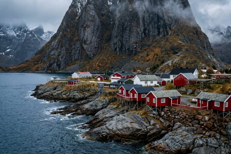 Paisaje de fiordos y cabañas tradicionales de madera junto al agua en las islas Lofoten Noruega