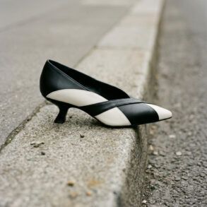 Primer plano de calzado de tacón bajo kitten heel sobre bordillo de cemento urbano con luz natural.