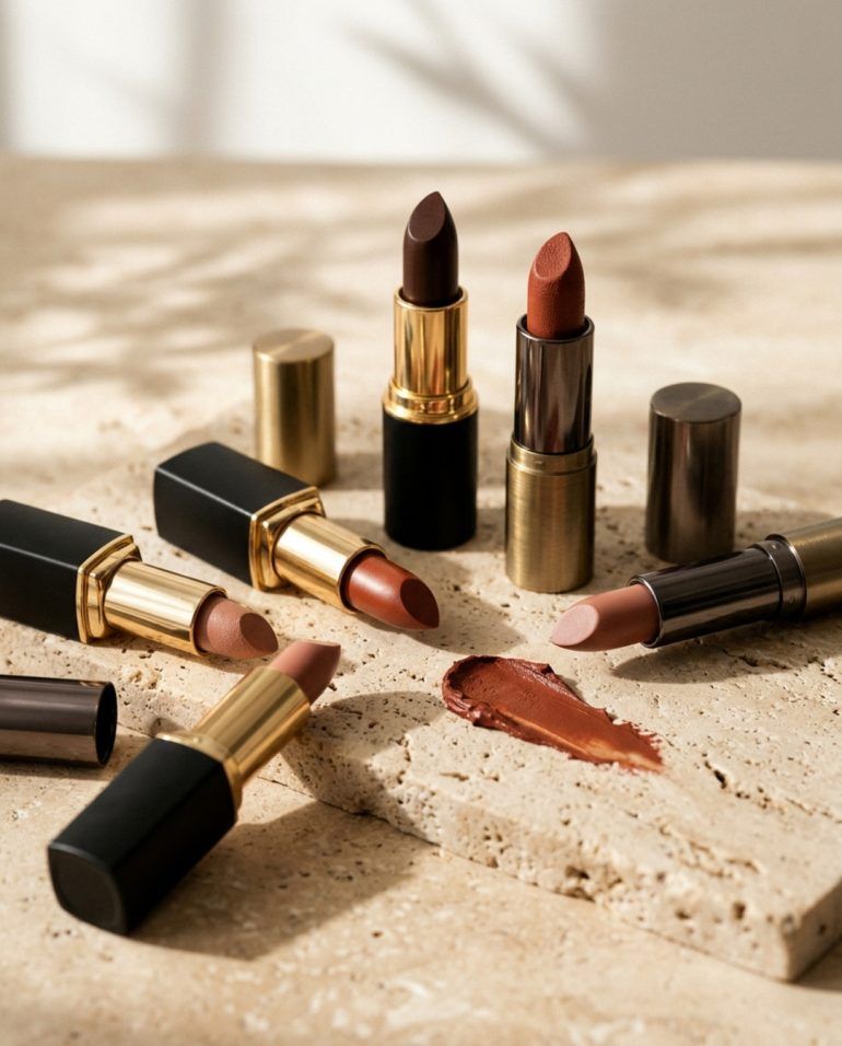 Tres barras de labiales marrones en tonos tostados y chocolate colocadas sobre una bandeja minimalista con luz natural.