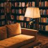 Salón acogedor con gran librería de madera repleta de libros y dos sillones de cuero iluminados con luz natural