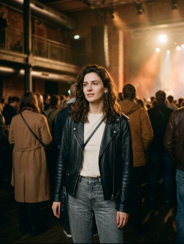 Joven con cazadora de cuero y vaqueros disfrutando de un concierto con estilo urbano y cómodo