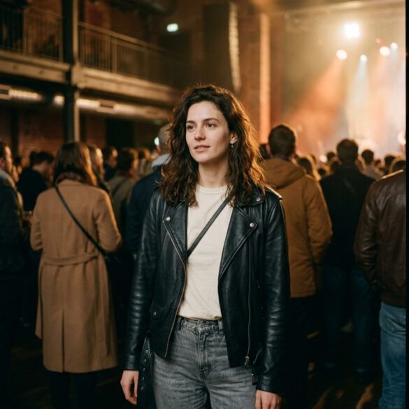 Joven con cazadora de cuero y vaqueros disfrutando de un concierto con estilo urbano y cómodo