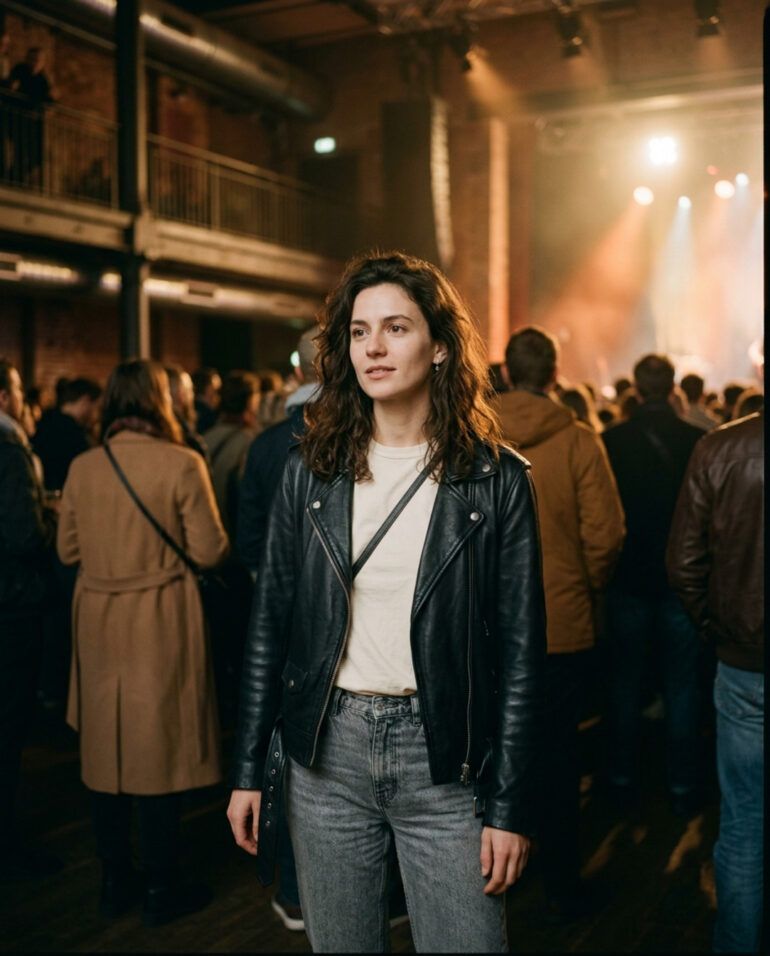 Joven con cazadora de cuero y vaqueros disfrutando de un concierto con estilo urbano y cómodo