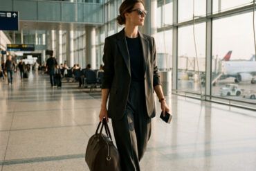 Mujer con traje sastre sofisticado y bolso de viaje caminando por un espacio arquitectónico luminoso.
