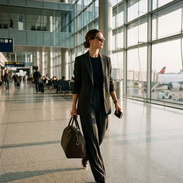 Mujer con traje sastre sofisticado y bolso de viaje caminando por un espacio arquitectónico luminoso.