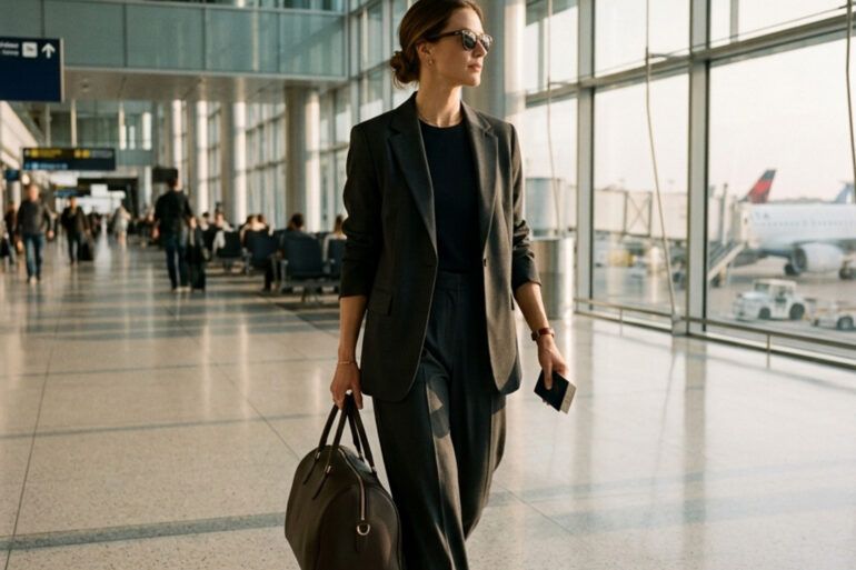Mujer con traje sastre sofisticado y bolso de viaje caminando por un espacio arquitectónico luminoso.