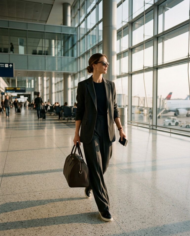 Mujer con traje sastre sofisticado y bolso de viaje caminando por un espacio arquitectónico luminoso.