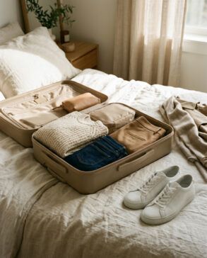 Maleta abierta sobre una cama con prendas de otoño organizadas en tonos tierra, zapatillas y un jersey de punto.