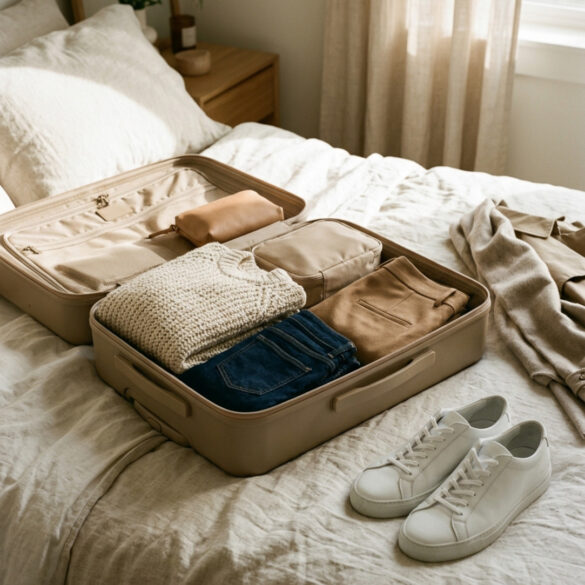 Maleta abierta sobre una cama con prendas de otoño organizadas en tonos tierra, zapatillas y un jersey de punto.
