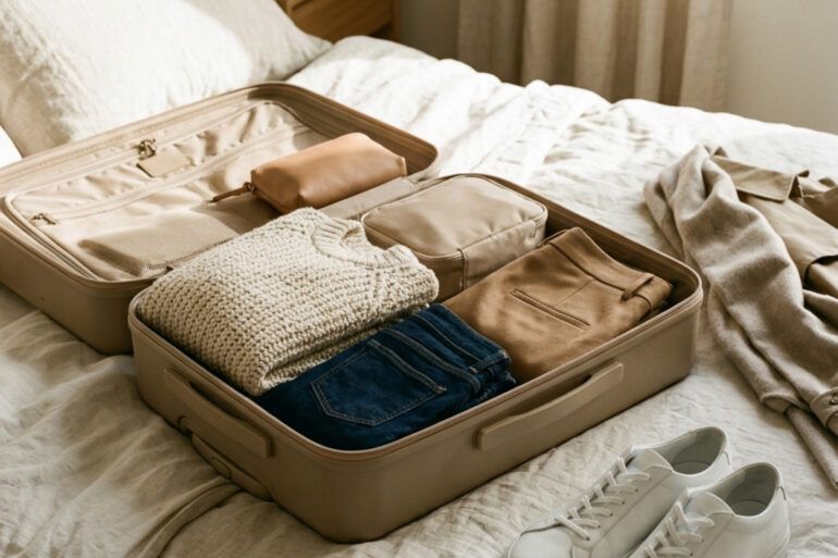 Maleta abierta sobre una cama con prendas de otoño organizadas en tonos tierra, zapatillas y un jersey de punto.
