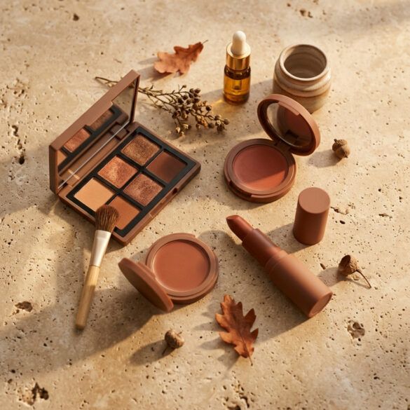 Bodegón editorial con productos de maquillaje de otoño en tonos cálidos, sombras terracota y coloretes sobre fondo neutro