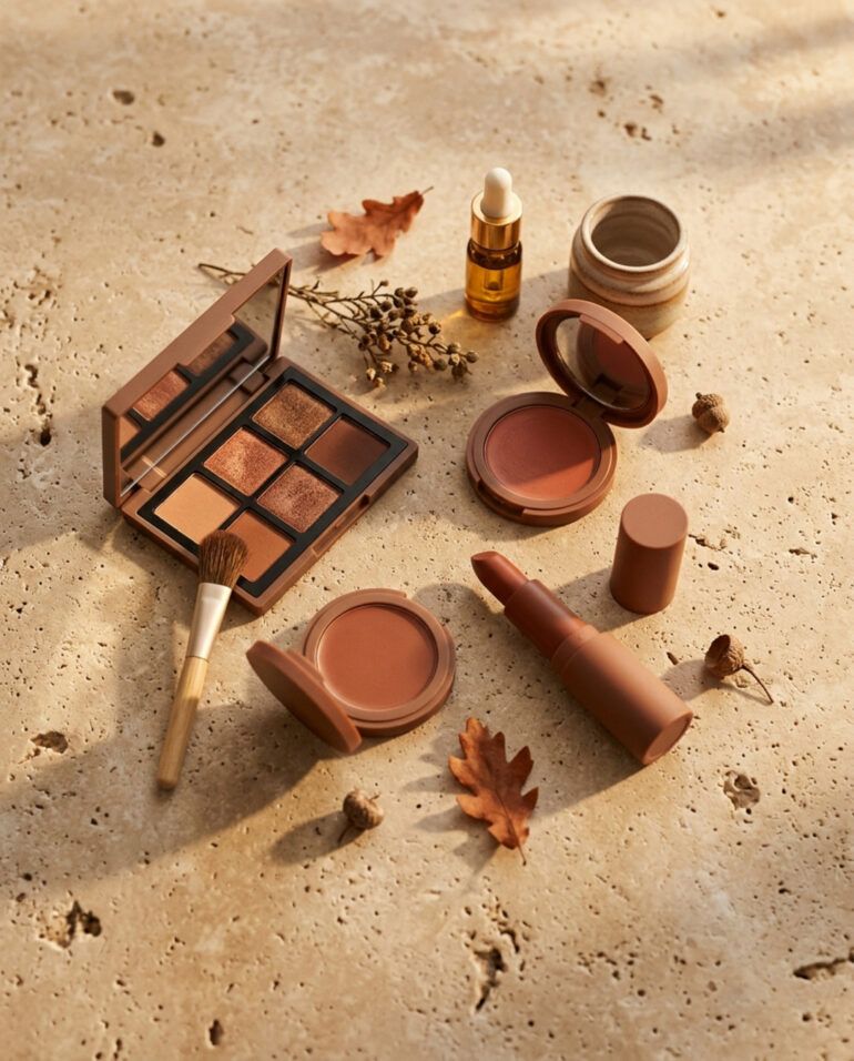 Bodegón editorial con productos de maquillaje de otoño en tonos cálidos, sombras terracota y coloretes sobre fondo neutro
