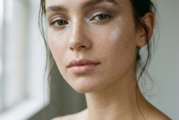 Primer plano editorial de mujer con maquillaje en tonos fríos, piel luminosa y sombra plateada suave.