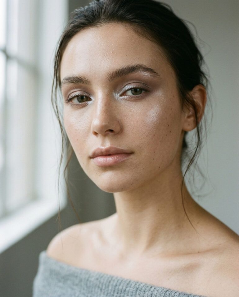 Primer plano editorial de mujer con maquillaje en tonos fríos, piel luminosa y sombra plateada suave.