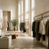 Percheros de diseño minimalista con prendas colgadas en tonos neutros dentro de un espacio comercial contemporáneo.