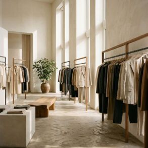 Percheros de diseño minimalista con prendas colgadas en tonos neutros dentro de un espacio comercial contemporáneo.