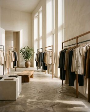 Percheros de diseño minimalista con prendas colgadas en tonos neutros dentro de un espacio comercial contemporáneo.