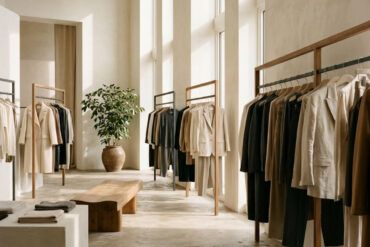 Percheros de diseño minimalista con prendas colgadas en tonos neutros dentro de un espacio comercial contemporáneo.